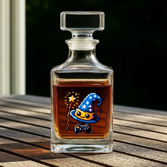 Gamer Wizard 8-Bit Hat with Controller Wand Whiskey Decanters