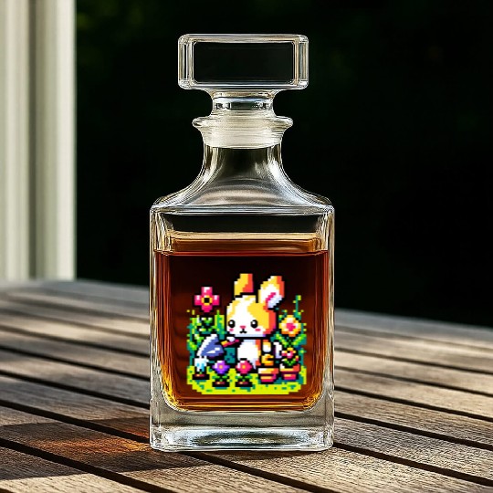 8-Bit Bunny Gardener: Retro Digital Garden Scene Whiskey Decanters