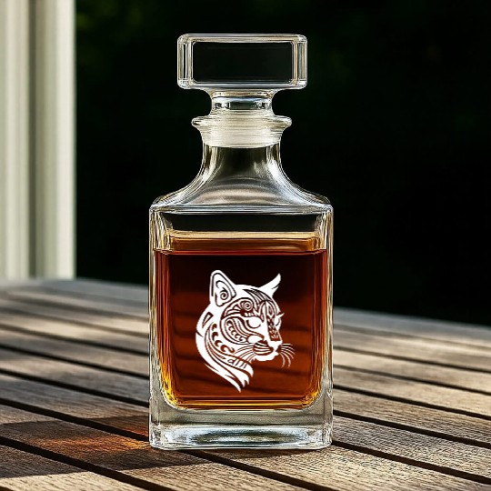 Cat Tattoo Artistry Unleashed in White Whiskey Decanters
