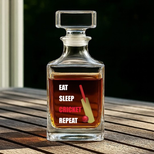 Eat Sleep Cricket Repeat Red and White Text Whiskey Decanters