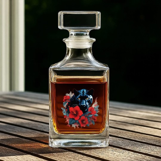 Dynamic Panther Embraces Kindness in Floral Glory Whiskey Decanters