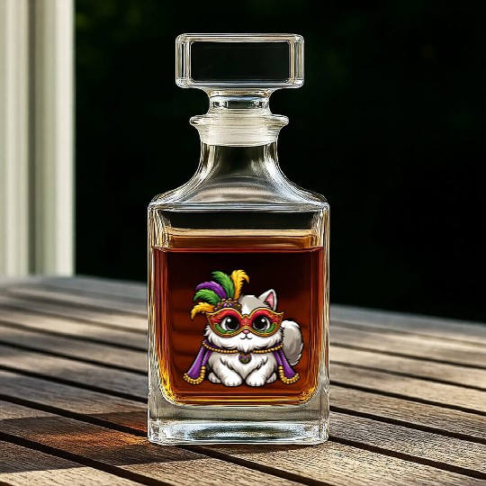 Mardi Gras Persian Cat, Masked Cat Costume Whiskey Decanters