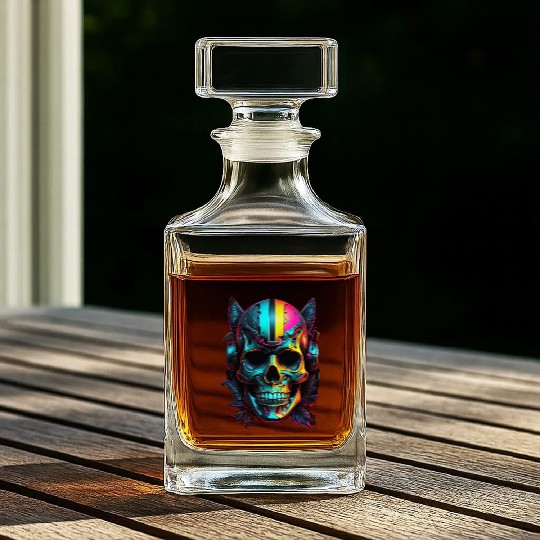 Black and Neon Skull Graphic Whiskey Decanters - Edgy Goth