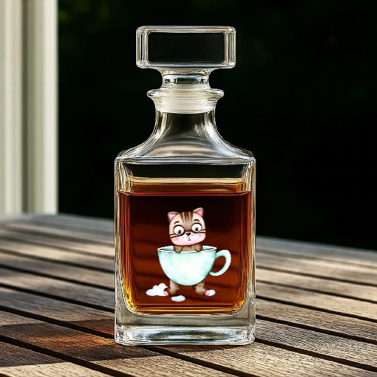 Surprised Silly Cat Wearing Coffee Cup Whiskey Decanters