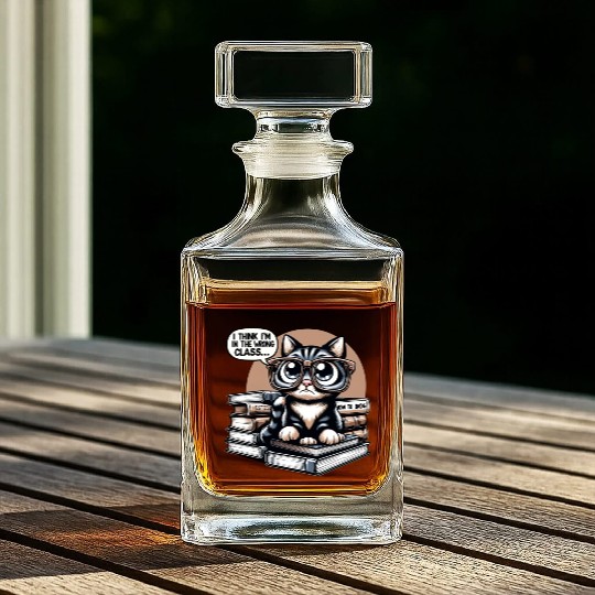 Funny Cat in Oversized Glasses Reading Humor Whiskey Decanters