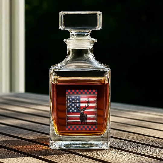 American Flag Deer Tracks Woodland Camo Hunting Whiskey Decanters