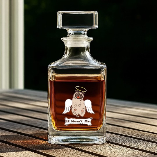 It Was not Me pug dog with angel wings and nimbus Whiskey Decanters