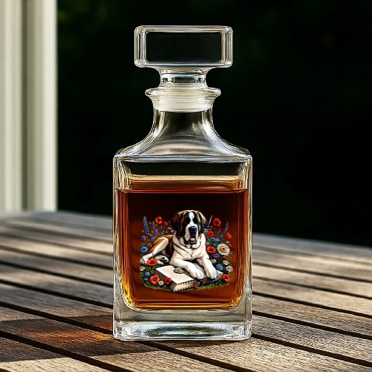 Wildflower St Bernard Reading Book Dog Puppy Lover Whiskey Decanters