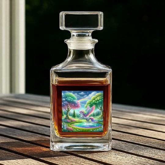Enchanted Rainbow Unicorn Over Sparkling Pond Whiskey Decanters
