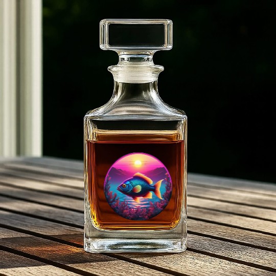 Synthwave Fish and Coral and a Sunset and Ocean Whiskey Decanters