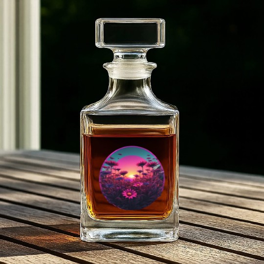 Synthwave Wild Flower Design Whiskey Decanters
