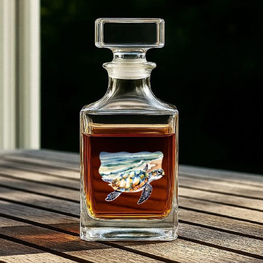 Sea Turtle at the Beach in Watercolor Whiskey Decanters