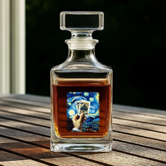 Blackjack Gambling Cards Starry Night Painting Whiskey Decanters