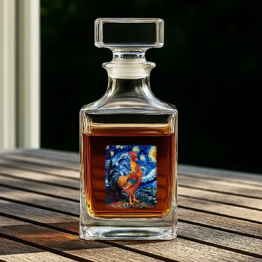 Chicken Farm Farmer Farming Starry Night Painting Whiskey Decanters