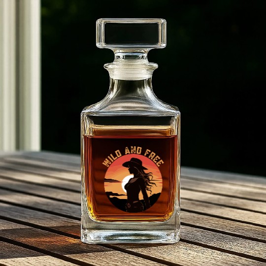 Wild and Free Cowgirl Retro Sunset Whiskey Decanters
