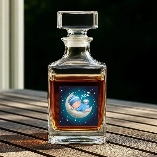 Sleeping baby on the moon with owl. Whiskey Decanters