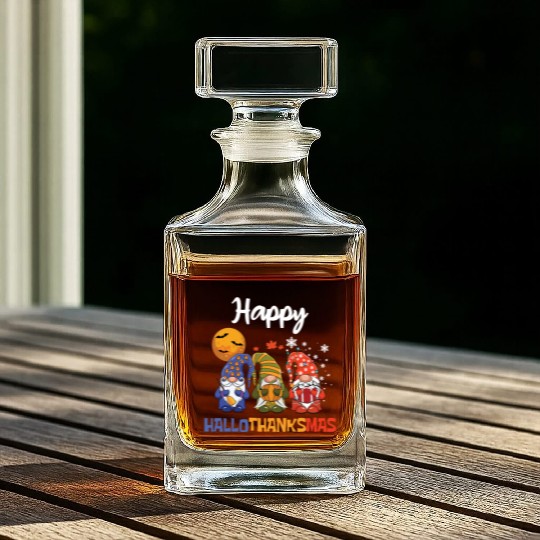 Happy Hallothanksmas Halloween Thanksgiving Gnome Whiskey Decanters