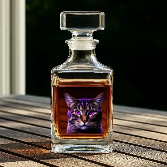 Vivid Lilac-Eyed Tabby Cat Portrait Whiskey Decanters