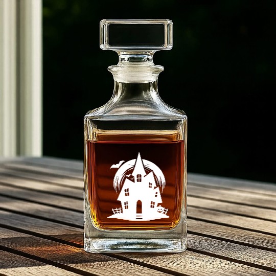 Bat Full Moon Haunted House Halloween Tattoo Whiskey Decanters