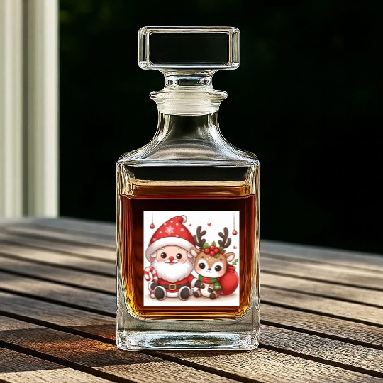 Festive Santa and Reindeer Illustration Whiskey Decanters
