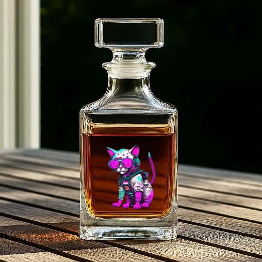 Punk Space Cat with Neon Goggles Whiskey Decanters