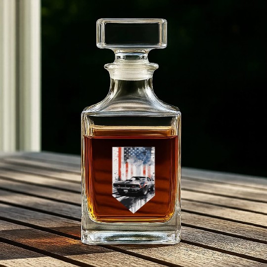 Rev up your patriotism - Muscle car and usa flag Whiskey Decanters