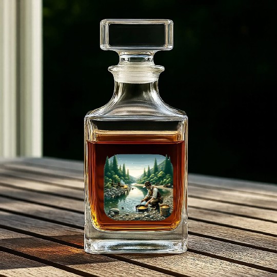 Gold Prospector by the River in a Serene Forest Whiskey Decanters
