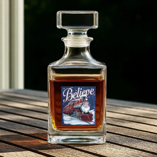 Believe Train North Pole Xmas Santa Claus Christma Whiskey Decanters