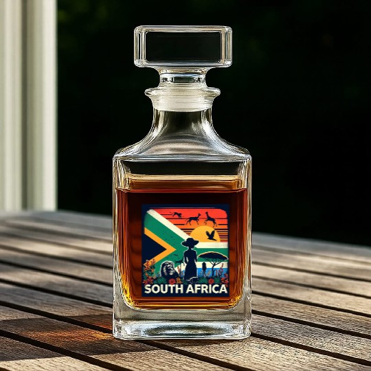 South Africa, colorful flag with birds, and trees Whiskey Decanters