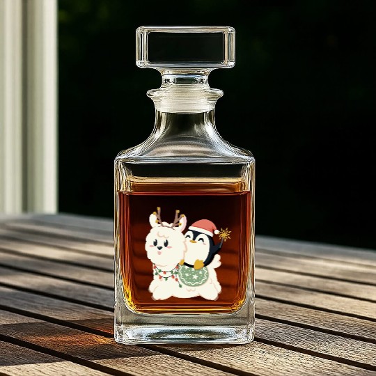 Alpaca and penguin celebrate Christmas Whiskey Decanters