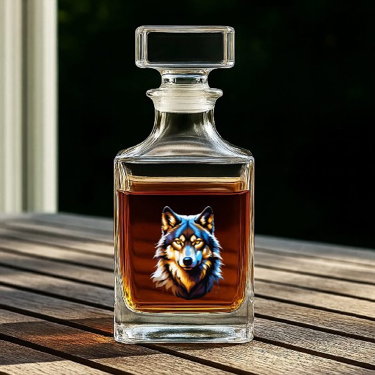 Isolated Lone Wolf Head Ink Design Whiskey Decanters