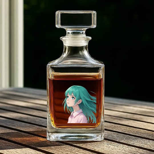 Teal Tresses: A Vision of Anime Serenity and Wonde Whiskey Decanters