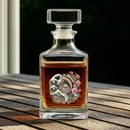 Elegant Koi Fish and Cherry Blossom Design Whiskey Decanters