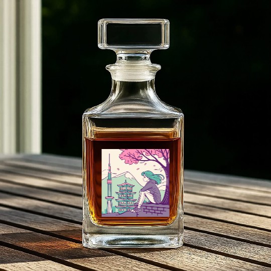 "Peaceful Anime Vibes: Girl Relaxing with Sakura Whiskey Decanters