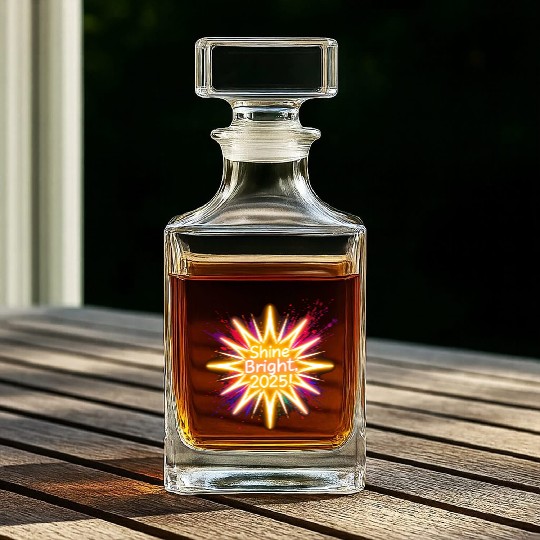 A large starburst glowing in neon light with 2025 Whiskey Decanters