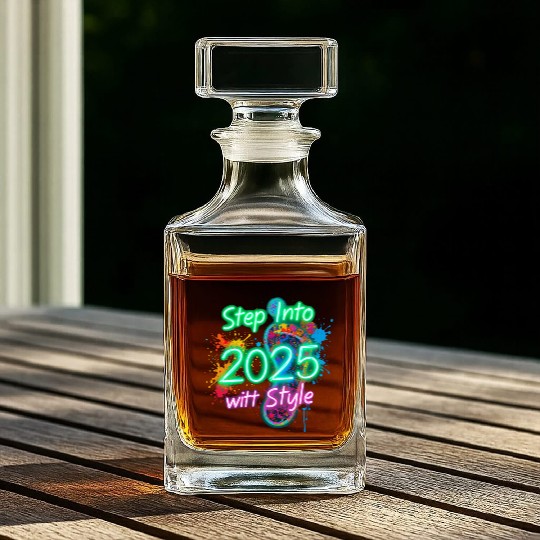 A glowing neon footprint graphic with new year Whiskey Decanters