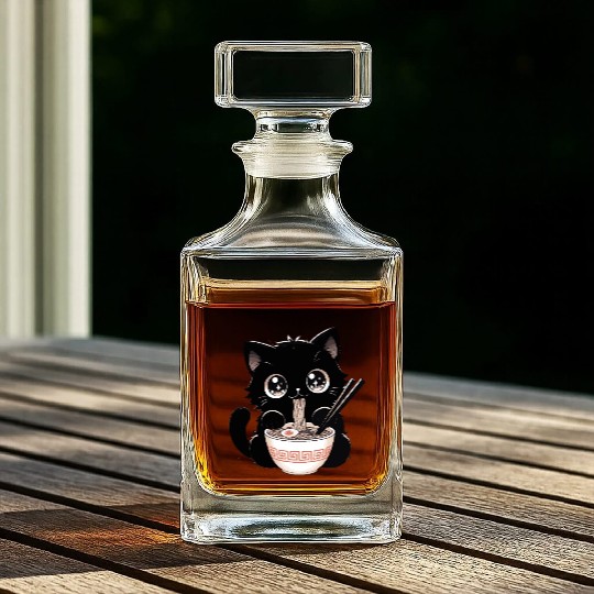 Cute Kawaii Cat eating Ramen Asian Food Gift Whiskey Decanters