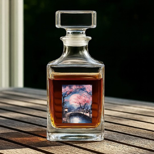 Watercolor cherry blossom festival full moon Whiskey Decanters