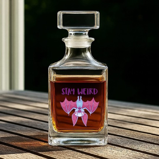Stay Weird Quirky Albino Vampire Bat Cartoon Whiskey Decanters