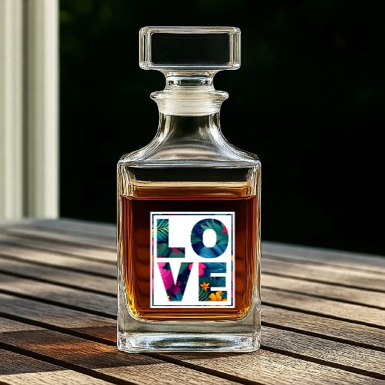 LOVE Tropical Floral Typography- Bold Aesthetic Ar Whiskey Decanters