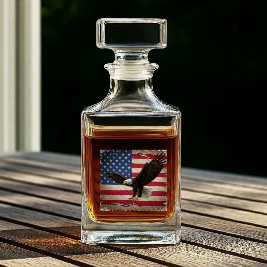 Stylized Eagle with USA Flag Background Whiskey Decanters