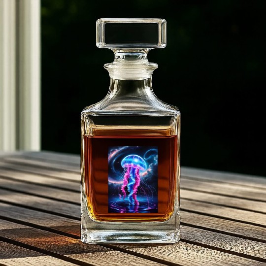 A mesmerizing neon jellyfish gracefully floating Whiskey Decanters