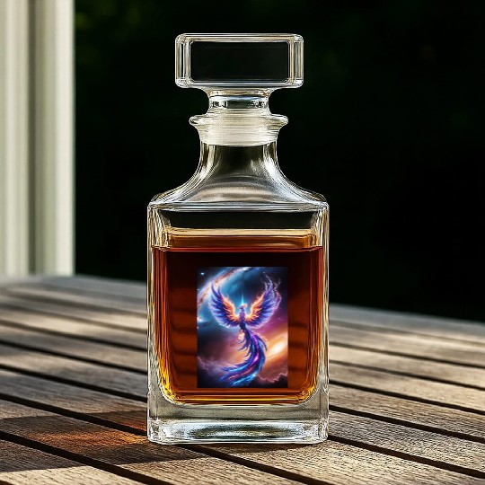 A majestic phoenix made of swirling stardust a Whiskey Decanters