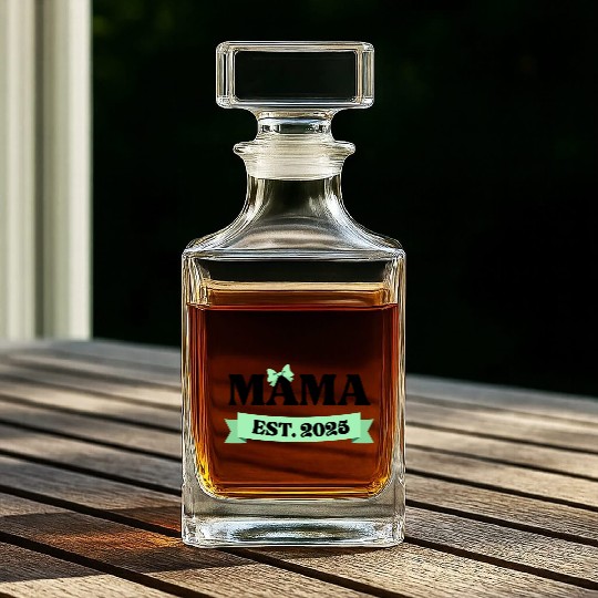 Mama Est. 2025 - Light Green Bow Maternity Design Whiskey Decanters