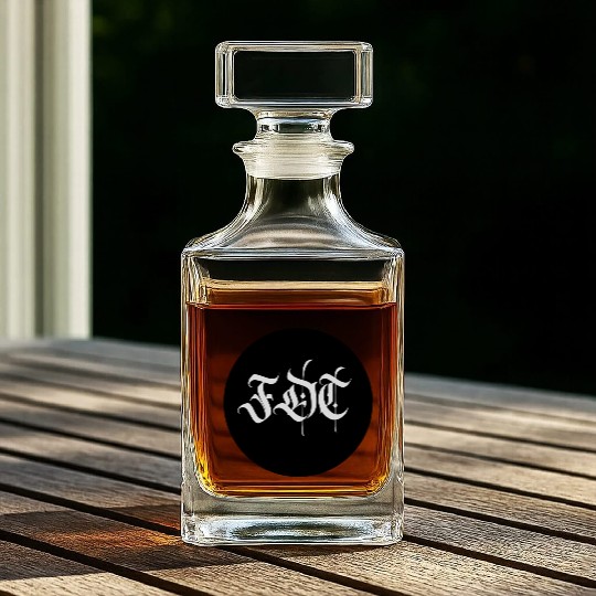 Ornate Gothic Lettering FDT in Light Grey on Black Whiskey Decanters