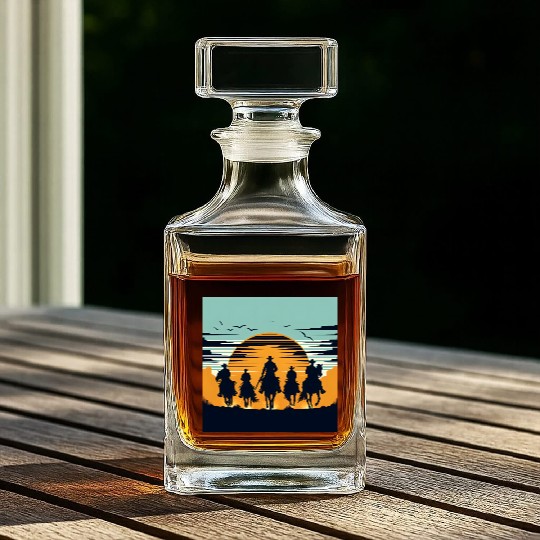 Western Cowboys Under Sunset Sky Whiskey Decanters