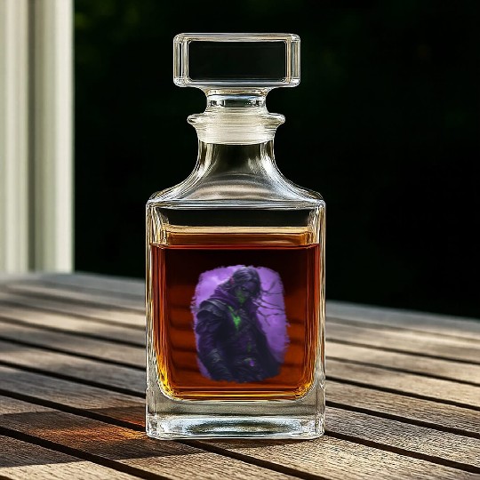Dark Elf with Poison Magic and Purple Shadow Power Whiskey Decanters