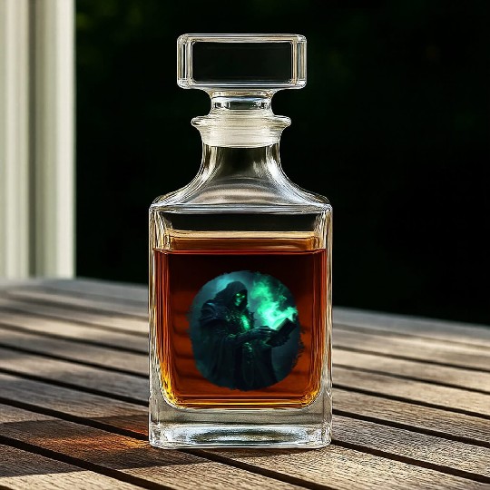 Green Shadow Mage with Burning Spell Book Whiskey Decanters