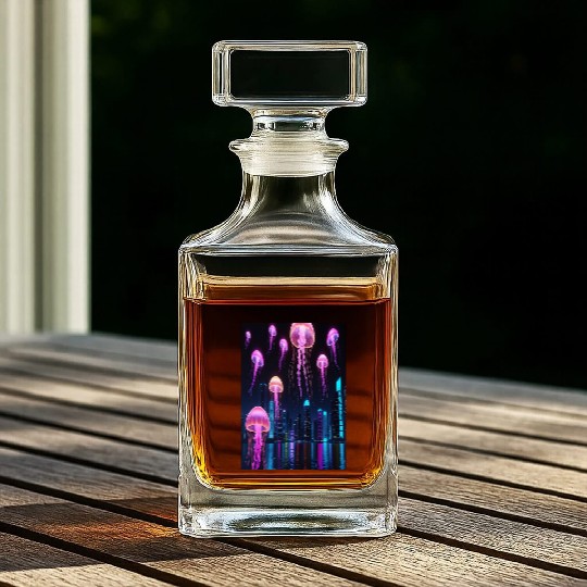 Neon Jellyfish Over Cyber City Whiskey Decanters