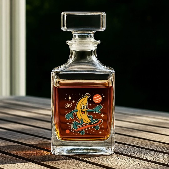 Playful Banana Skateboard Space Scene Whiskey Decanters